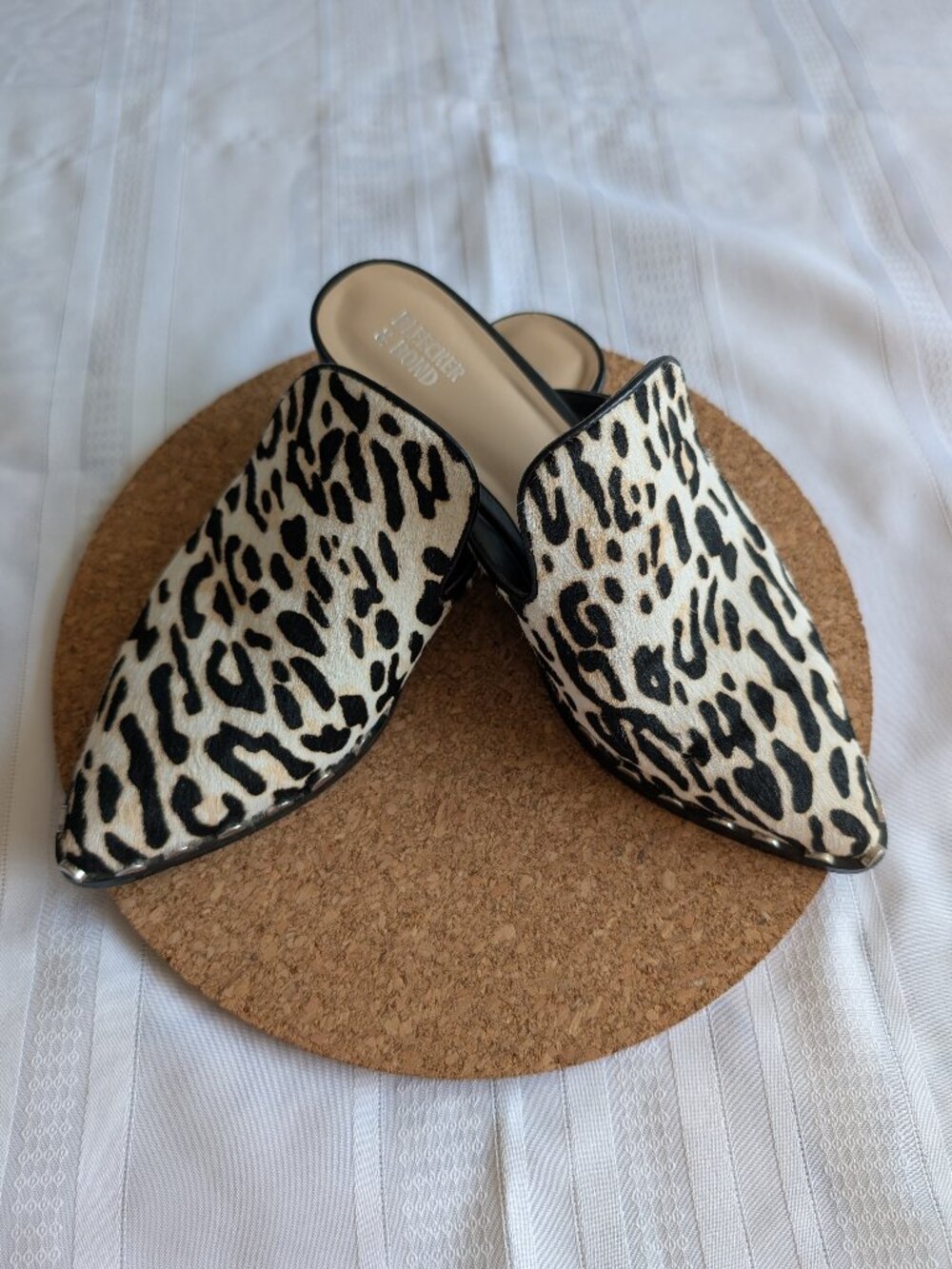 Bleeker & Bond Calf Hair Leopard Leather Mules with Studded Detail. Size 9M